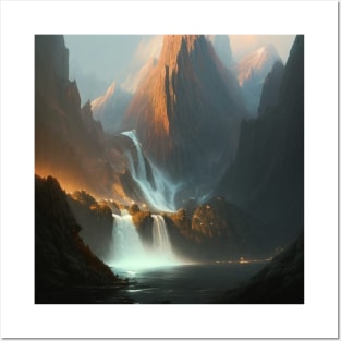 Cascading Shadows: A Majestic Mountain Waterfall Posters and Art